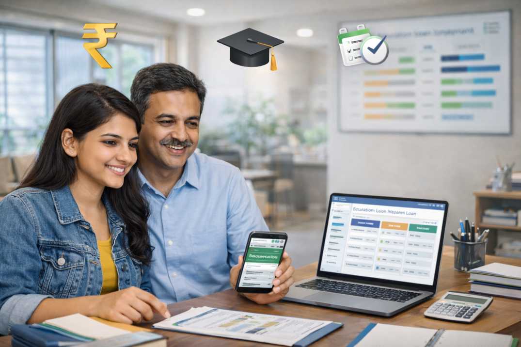 भारतीय छात्र और माता-पिता एजुकेशन लोन तुलना गाइड के साथ लैपटॉप पर निर्णय लेते हुए